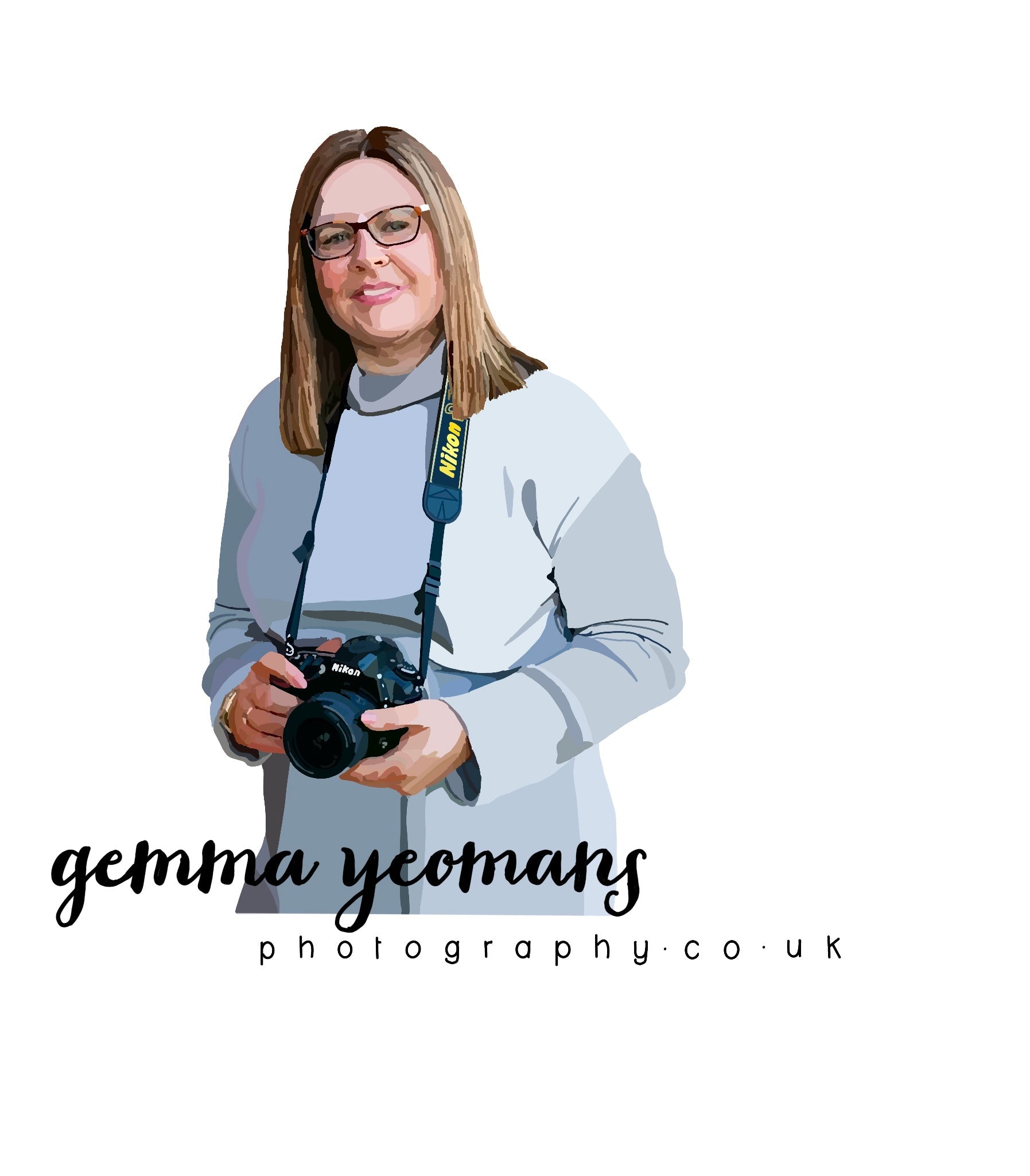 Person holding a camera with 'gemma yeomans photography co.uk' text on a white background